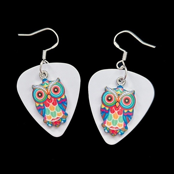 Handcrafted Earrings Repurposed Guitar Picks Wise is the Owl Silver Plate Wires - Picture 8 of 10